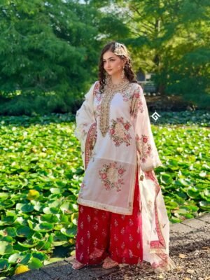 Hand-Embroidered White & Crimson Shalwar Kameez